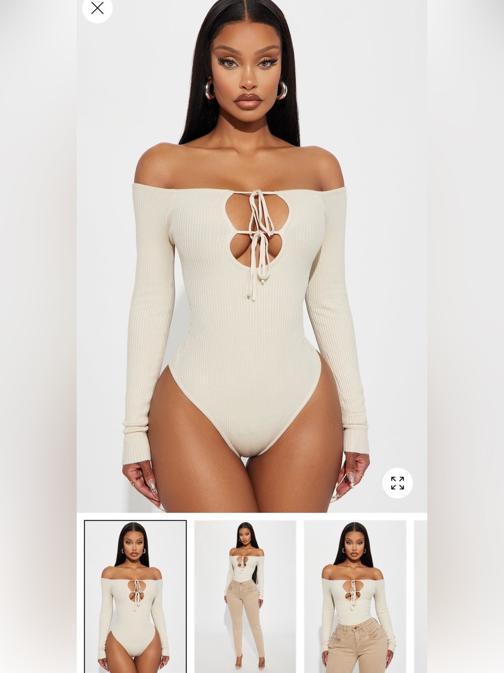 2/60$🔥Off-Shoulder Lace-Up Ribbed Bodysuit in Cream